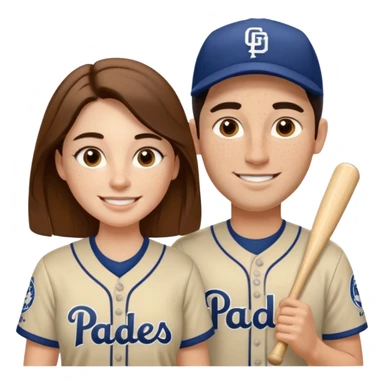 *White* Smiling couple. Woman has big cheeks and a lot of freckles on the nose. long brown hair. Man has black and very short hair and prominent eyebrows with egipcian nose. Both are wearing “Los Padres” baseball jerseys and with a sign that says “Go Padres!” sticker