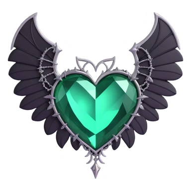 3D emoji gothic heart, emerald green crystal, silver bat wings, feather accents, lush and gothic style sticker