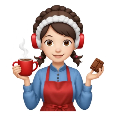 A cozy pig tail hair vendor with fluffy earmuffs, wearing apron handing out steaming cocoa with a warm smile. sticker