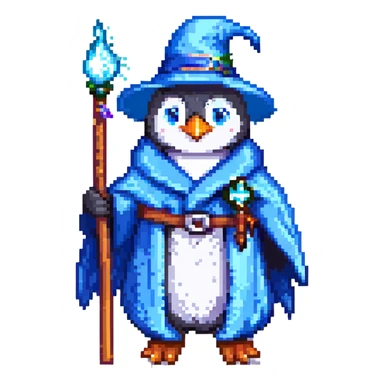 penguin wizard wearing a blue robe and holding a wand, pixel art style sticker