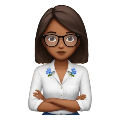 Créame una chica morena de pelo más o menos por los hombros con granitos en la cara y unas gafas negras, que esté sentado en una silla de bar con una camisa blanca con florecitas azules sticker