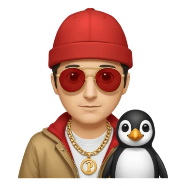 Mike D from Beastie Boys with dark sun glasses and large penguin medallion on gold chain and Red Hat with Mike D printed on hat sticker
