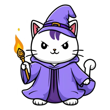 A cat wizard casting a spell with magical staff and flowing robes sticker