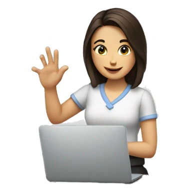 The girl is a brunette, in the hands of documents, she is at work at a laptop, makes a gesture with her hand ok sticker