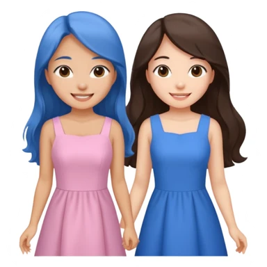 one Korean girl in blue and one white long haired brunette girl in light prink dresses smiling sticker