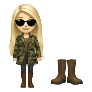 White girl with Long blonde hair and round sunglasses, camouflage Wool oversize blazer, mini dress and Brown leather boots  sticker