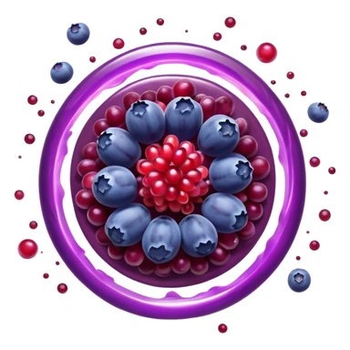Blueberries, pomegranate, purple grapes, and dark chocolate floating in a bright purple vortex. A glowing shield surrounds cells, dissolving dark shadow particles representing free radicals. The protective light extends throughout the body, showing antioxidants' protective effects. sticker