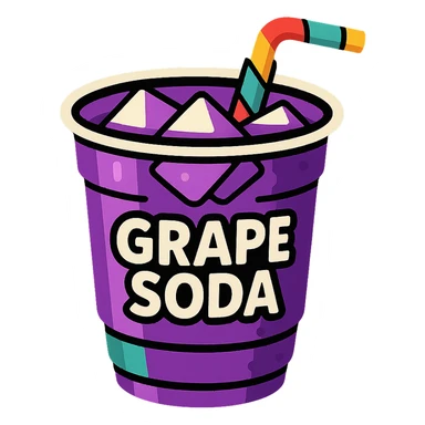 Place the cup of grape soda with a purple hue, ice cubes, and a fun straw on a solid black background, keep the TikTok-inspired vibrant cartoon style. sticker