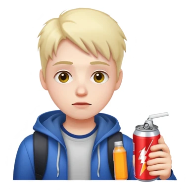 student holding energy drink can, tired face sticker