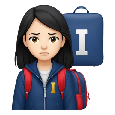 college student with annoyed face , black hair , with navy varsity jacket( initial I) and backpack , girl, long hair,  sticker