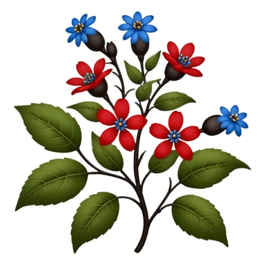 dull green leaves & red & blue flowers filigree design & small fruits& ebony branches, extremely detailed, complex design sticker
