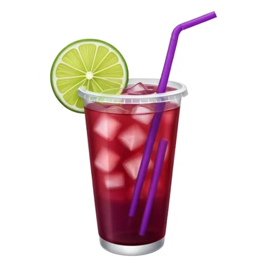 maroon purple cocktail with a lime wedge in the drink in a plastic cup with lid and straw  sticker