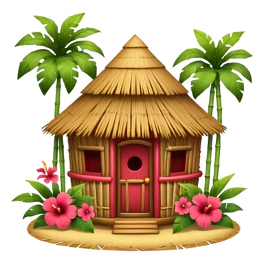Hawaiian tiki hut house, round tropical hut, bamboo details, thatched roof, tiki masks decoration, hibiscus flowers, cute mobile game icon, 3D cartoon, clean background, no text sticker