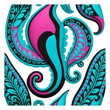 paisley motif, seamless pattern print in colors of bright and bold black, white, fuchsia pinkand turquoise. Must be visually appealing, 8k hd, 3000x3000, DPI 300 sticker