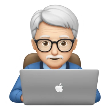 senior programmer with laptop and glasses sticker