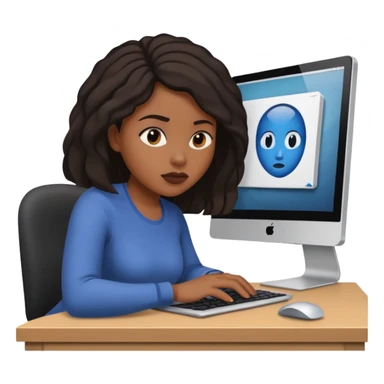 black woman working on a computer, hiding behing her computer, no brand on the computer, focused on the screen sticker