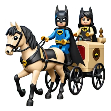  Ultra cute  Lego detailed 1854 Batman and pretty Catgirl driving dream horse drawn Caravan alone together on a romantic trail in the woods  sticker