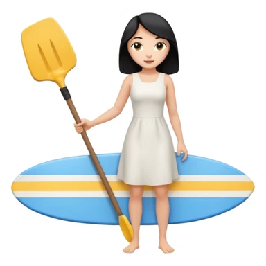 Princess who wearing white dress (woman) black hair holding her phone and long shovel with another hand. She is standing on her feet, there is one blue surfing board. sticker