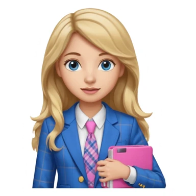 pretty female with long wavy brown hair with blonde highlights and blue eyes holding a pink calculator wearing school uniform which is a blue blazer and white blouse sticker