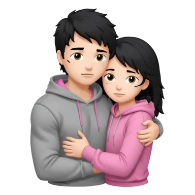 generate a pretty bratz fair skinned boy with messy black hair in a grey hoodie. Hugging his girlfriend who is wearing pink. Make him muscled. Boy in grey hoodie, girl in pink sticker