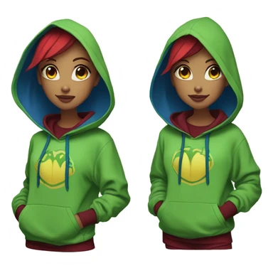 Lady with brunette and iridescent blue hair, gold, lime green dragon wings, maroon hoodie, 420, black and gold Nike t shirt, and bright red eyes sticker