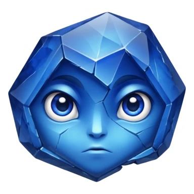 A single sapphire-blue faceted rock head, chunky and worn, with very visible big cracks and chipped facets but still shiny, big kind eyes sticker