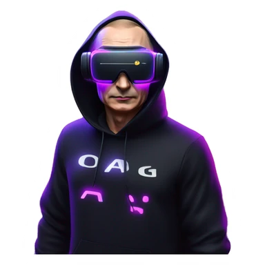 Vladimir Putin wearing a black hoodie with "OMG" letters on it and VR headset oculus quest 2 in a cyberpunk VR environment with violet neon lighting. sticker