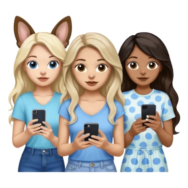 Three women in summer clothes holding iPhone, hazel eyed light skin with dark blonde long hair and Brown eyed,light skin black long wavy hair, blue eyed light skin long blonde hair with 2 dogs, blue spotted Merle Frenchie, black and tan chihuahua  sticker