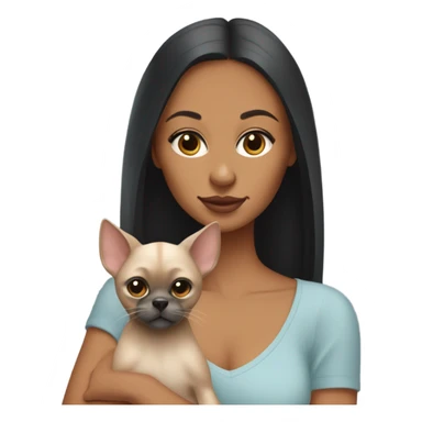 Latino woman with black staight hair and brown eyes is holding a grey sphinx cat and a ginger Pomeranian dog sticker