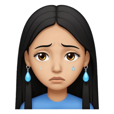 Sad crying woman with long straight black hair, brown skin tone, teardrops on face, worried eyebrows, neutral mouth sticker