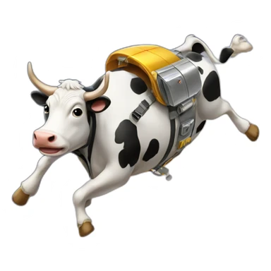 side-on view of cow flying to space while wearing a jetpack with legs being pushed back by the wind sticker