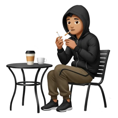 A man sitting on a chair, wearing a black puffed coat with hood and jogging pants, he is smoking a cigaret and drinks a coffee, he is freezing outsider, he is on a chair, the chair is an outside coffe terrasse black metal chair sticker
