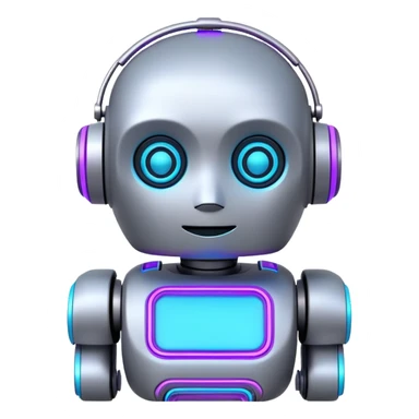 chatbot robot in gray color, with neon glow lines, blue neon glow on top left, purple neon glow on bottom right sticker