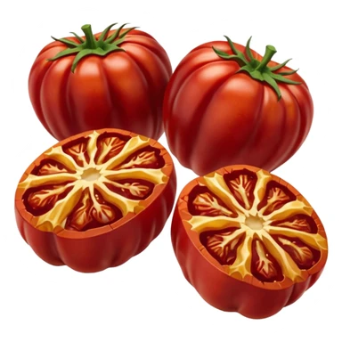 small cluster of wrinkled deep red sun-dried tomato halves glistening with light coating of oil, soft yet chewy texture, visible folds, rich color variation, slight oil pooling around base, glossy look, no jar herbs or extras, apple emoji style, soft lighting, subtle shadows, emoji scale sticker