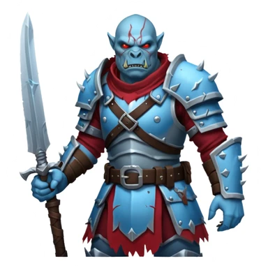 Fantasy Christmas orc legion soldier icon, iron tundra army theme, heavy winter armor, disciplined brutal look, cold steel armor cracked with frozen crimson lines, bloodfrost effect, icy blue and dark red color palette, minimal clean emoji style sticker