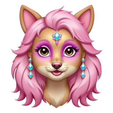glamorous dog portrait, head and shoulders only, exaggerated pink makeup, bright eyeshadow, long eyelashes, shiny blush cheeks, sparkling face gems, glitter accents, elegant earrings, fantasy beauty style, cute 3D cartoon, mobile game icon style, clean background, no text, no watermark
 sticker