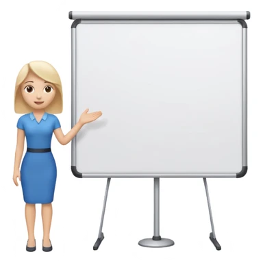 A clean emoji-style illustration of a person giving a presentation, standing next to a large presentation board on a stand, board empty and white, no podium, no desk, no table, friendly proportions, soft 3D emoji style sticker