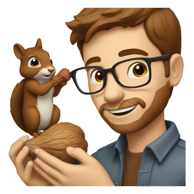 A man with brown hair, glasses and fair skin, feeds a squirrel with walnut sticker