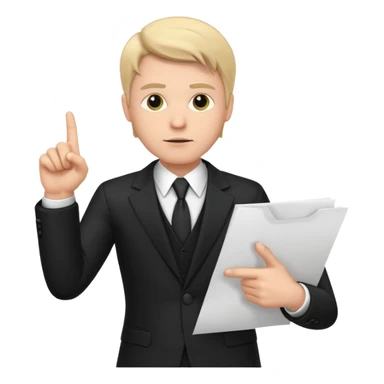 A white man in a black suit stands with a serious face and points at his hand holding papers. sticker