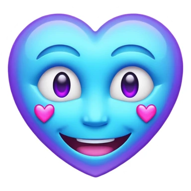 Futuristic glowing smiling face emoji with neon hearts instead of eyes, purple and blue holographic light, dark background sticker