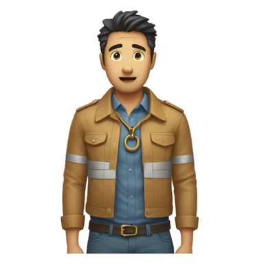 nervously pulling at collar sticker