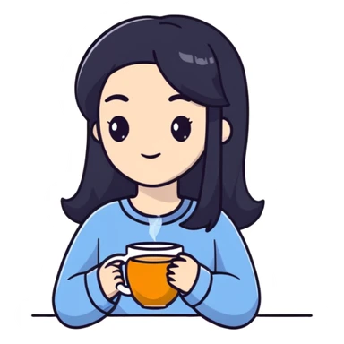 white girl with black hair, self care moment, holding a cup of tea, relaxed sticker