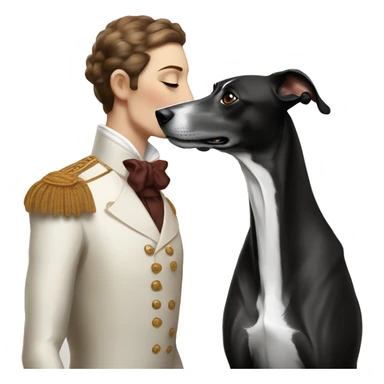 Two aristocrat dog black and white galgo kiss with women with brown hair  sticker
