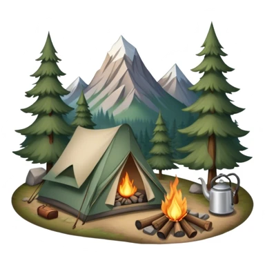 Icon for Hiking: a tent, and a kettle over a campfire, surrounded by trees and a mountain trail, a backpack, a walking stick. The icon should capture the adventure and warmth of camping. Transparent background. sticker