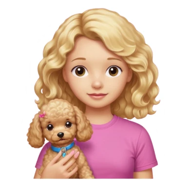 hazme un emoji que sea una niña rubi con el pelo ondulado i una camiseta rosa que ponga brownie, i acariciando a un perro (caniche toy) si pero con el pelo mas largo i no tan rubia sticker