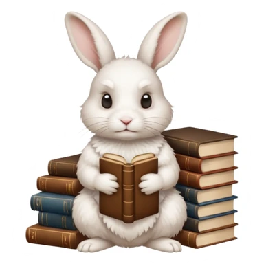 White rabbit sitting horizontally in a natural position on 4 legs, without a book.  There are 3 books nearby. books lie on top of each other other in brown tones

 sticker