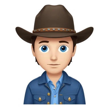 Jack Twist from Brokeback Mountain with blue eyes, dark brown hair, light blue shirt, navy blue jacket and cowboy hat sticker