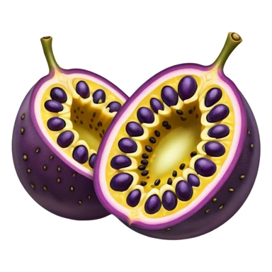 whole round purple passion fruit with slightly wrinkled matte skin next to a halved piece exposing vibrant yellow pulp filled with glossy black seeds juicy jelly-like texture bold contrast between rind and interior no leaf spoon or extras soft lighting subtle shadows emoji scale sticker