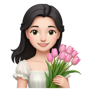  A girl Squint your eyes and smile with a black half-up half-down hairstyle, and a white dress, enjoying the spring breeze.Holding a bundle of pink tulips sticker