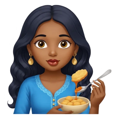 a pretty indian bratz girl with wavy long black hair. eyeliner on, wearing a blue kurti, eating golgappa (without spoon) sticker